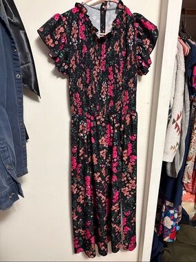 Floral Black Midi Dress with Pink & Coral Print